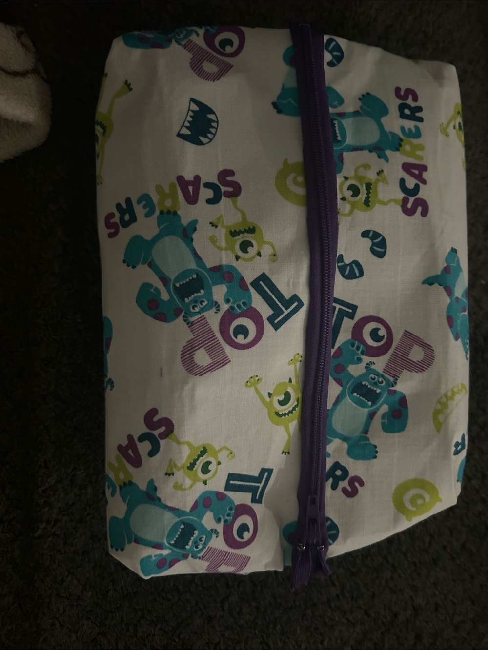 Hand Crafted White Monsters Inc Cosmetic Bag with Purple Zipper